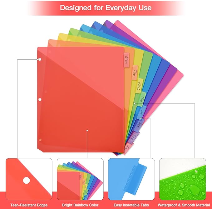 SUIN 8-Tab Insertable Binder Dividers with Double Pockets - Translucent Plastic Page Separators for 3 Ring Binder, Front & Back Storage, Durable Poly, Letter Size, Rainbow Colors, 2-Pack