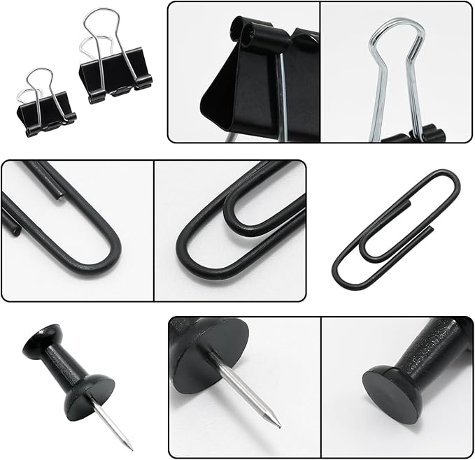 Office Supplies Set, Paper Clips, 72 Pcs, Push Pins and Binder Clips Set with Box for Office, School and Home(Black)