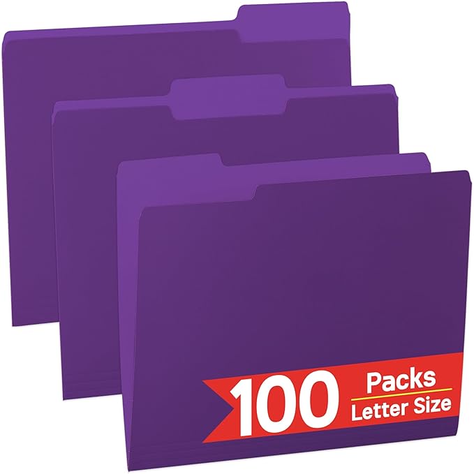 100 Packs Purple File Folder,1/3-Cut Tabs,File Folders Letter Size,8.5x11 File Folders for Office,School and Home,Organizer Documents