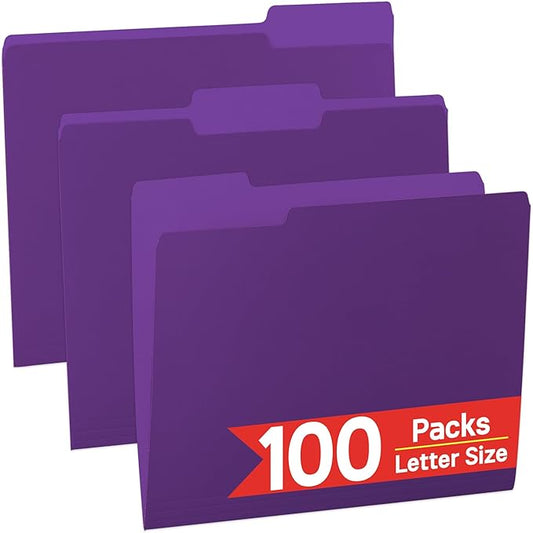 100 Packs Purple File Folder,1/3-Cut Tabs,File Folders Letter Size,8.5x11 File Folders for Office,School and Home,Organizer Documents