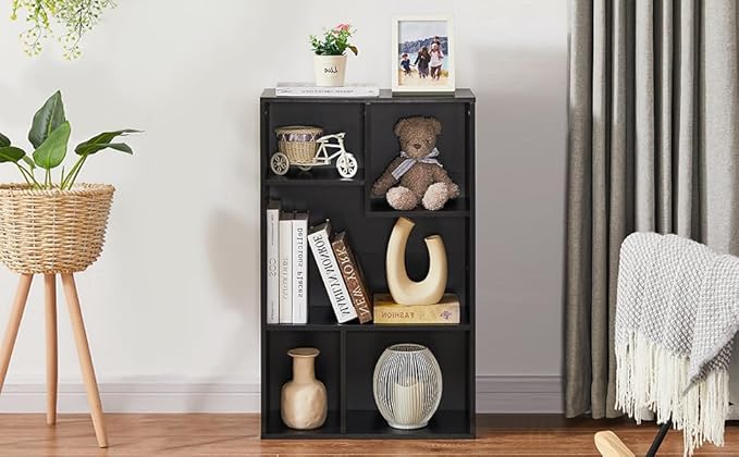 VECELO Modern Bookshelf, 5 Cube Shelf, Fits Tallest Hardcovers, Horizontal Available, Storage Organzier for Home Office, Black