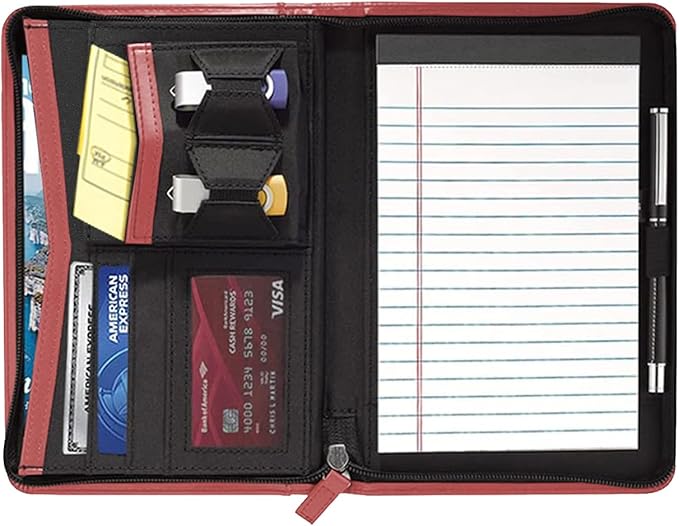 Small Portfolio Organizer, A5 Zippered Business Portfolio, Junior Padfolio Folder Binder for Men Women,5 x 8 Writing Pad Included, Red