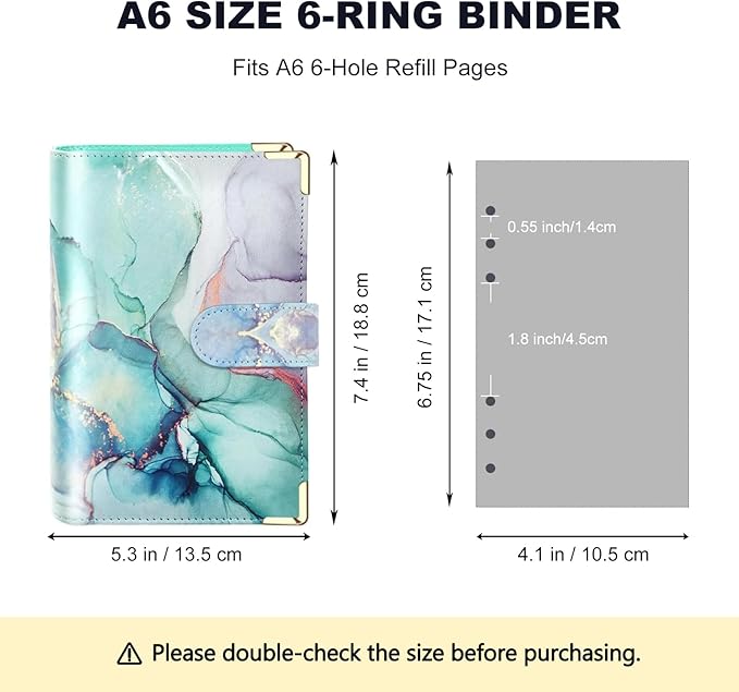A6 Refillable 6 Ring Faux Leather Budget Binder,Mini Notebook Binder Cover for A6 Filler Paper,Loose Leaf Personal Planner Cover with Magnetic Buckle Closure (Marble Green)