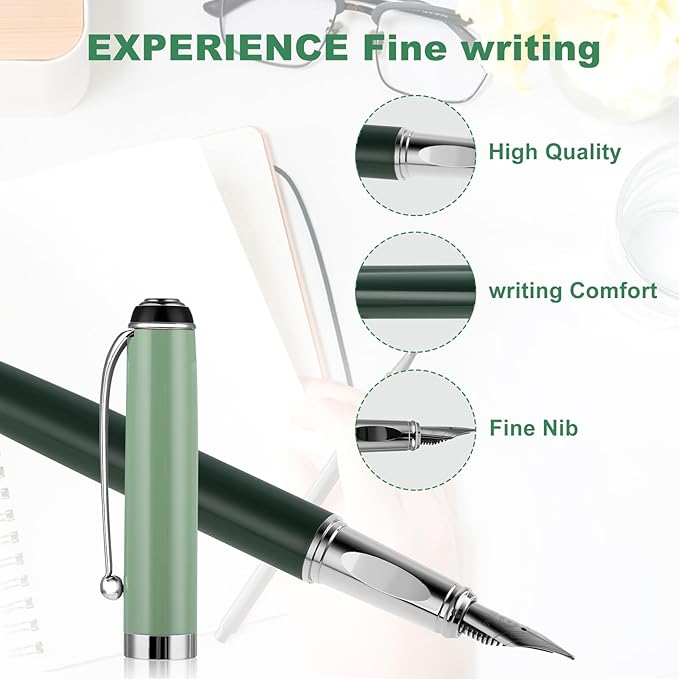 cobee Metal Fountain Pens with 10 Black Ink Cartridges, 0.5mm Fine Nib Fountain Pen Smooth Writing Luxury Calligraphy Pen Office School Supplies Gift(Green)