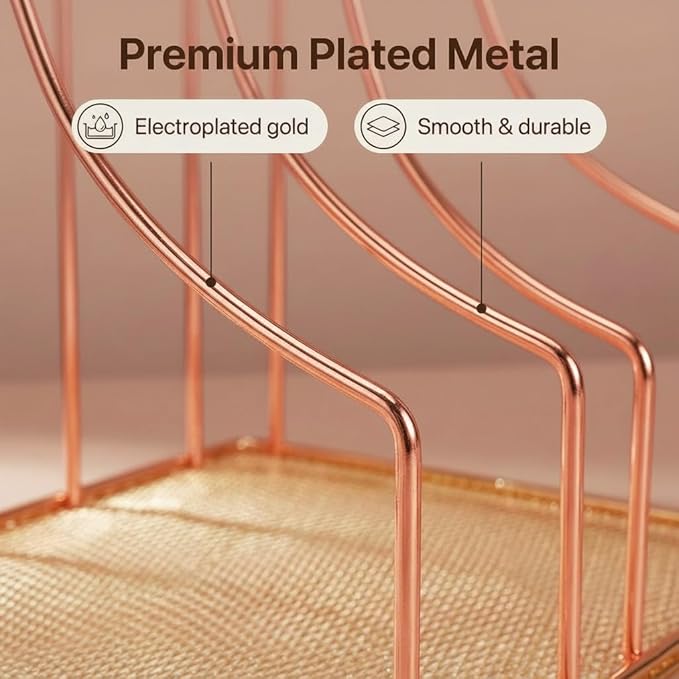 Simmer Stone Rose Gold Binder Organizer for Desk, 5 Slot Metal Wire Vertical File Sorter with Mesh Bottom, Desktop Magazine Holder Rack for 2 Inch Binders, Medical Coding Books, Vinyl Records, 12.1"