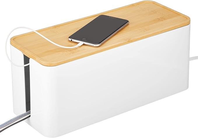 mDesign Cable Management Box - Storage Organizer for Power Strips, Cords, Surge Protectors - Hide Loose Wires in Home Office, Desks, Entertainment Centers - Large, White/Natural Bamboo Wood Lid