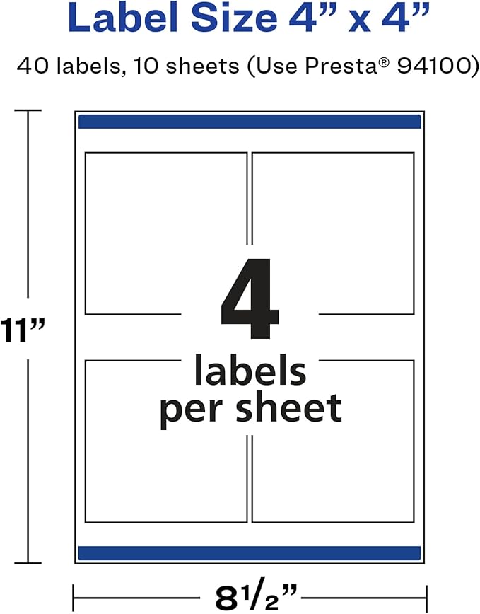Avery Glossy White Square Labels, Sure Feed Technology, 4" x 4", 40 Glossy White Labels, Permanent Adhesive, Laser/Inkjet Printable