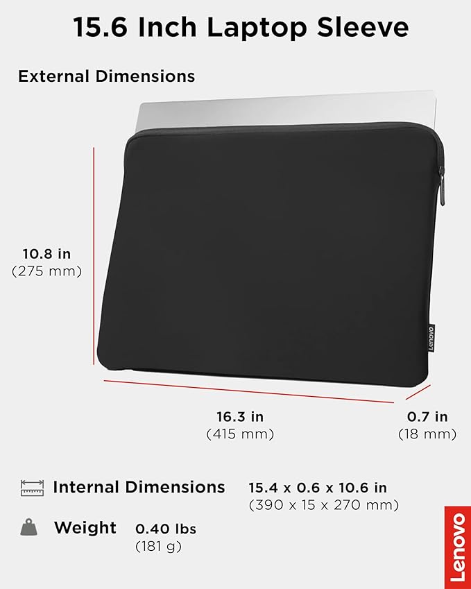 Lenovo Basic Laptop Sleeve 15.6 Inch Notebook/Tablet Compatible with MacBook Air/Pro Neoprene Material - Soft Fleece Lining - Zippered Top Opening - Black