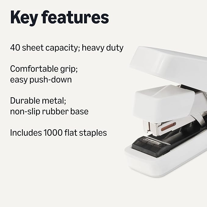 Amazon Basics Office Heavy Duty Stapler, Flat Clinch, Effortless, 40 Sheet Capacity, 1000 Staples, No Jam, for Classroom, Office or Desk Use, White