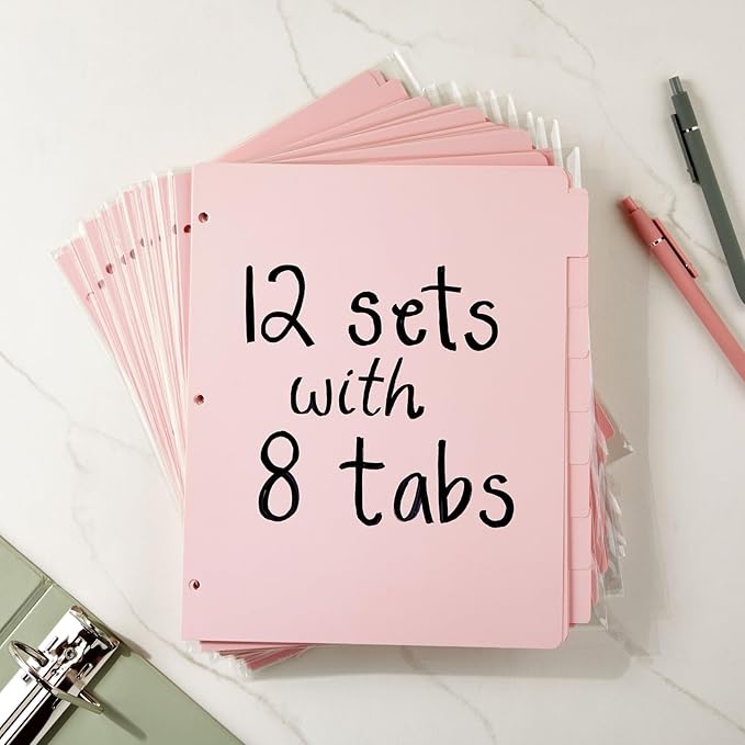 Paper Junkie Binder Dividers with Tabs - Letter Size, Pink, 96 Count - Dividers for 3-Ring Binder for School, Office Supplies & Nursing School Supplies