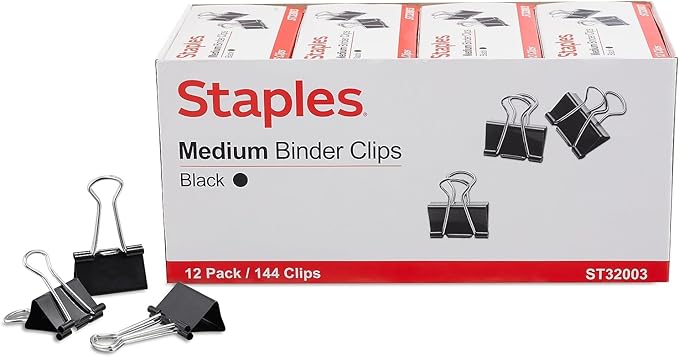 Staples Binder Clips - Black Steel, 0.63" Capacity, Small Office Paper Clips, Pack of 144