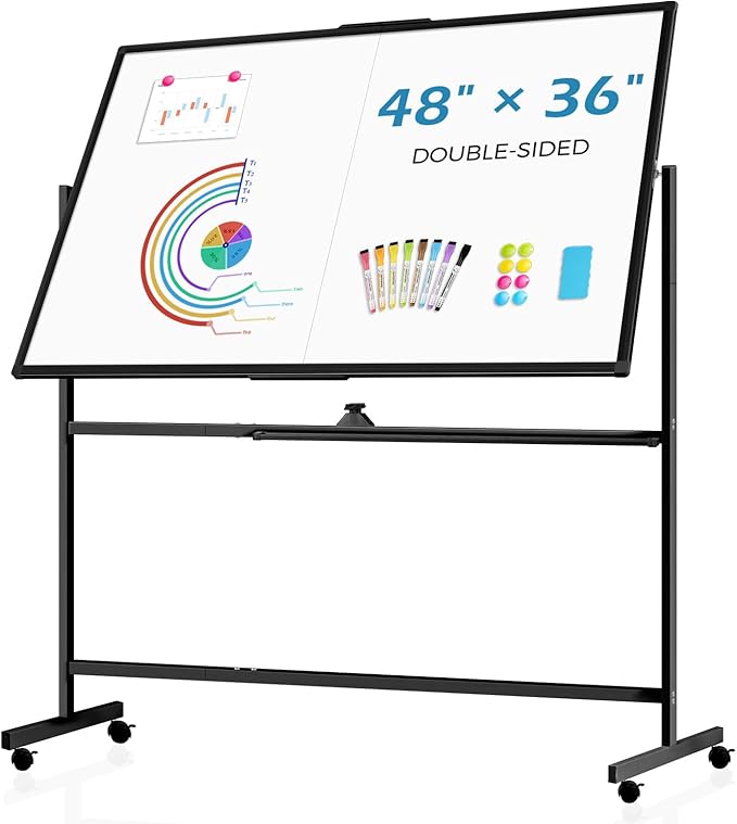 48" X 36" Large Rolling Whiteboard, 360°Rotation Magneitic White Board with Stand, Double Sides Whiteboard Easel on Wheels, Big Dry Erase Board for Office, School, Home