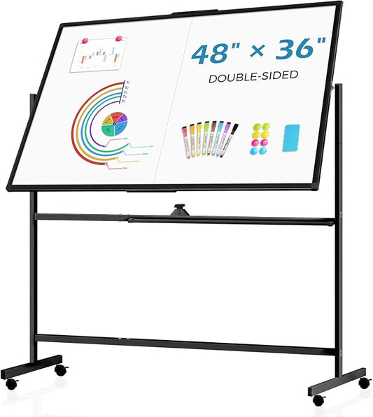 48" X 36" Large Rolling Whiteboard, 360°Rotation Magneitic White Board with Stand, Double Sides Whiteboard Easel on Wheels, Big Dry Erase Board for Office, School, Home