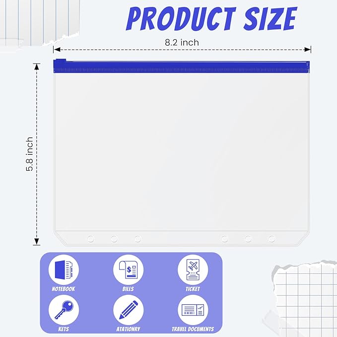 Zonon 30 Pcs A5 6 Rings Blue Zipper Binder Pouches Clear Binder Pockets with Zipper Folders Waterproof PVC Loose Leaf Bags Filling Bags for Pen Pencil Notebooks File Document