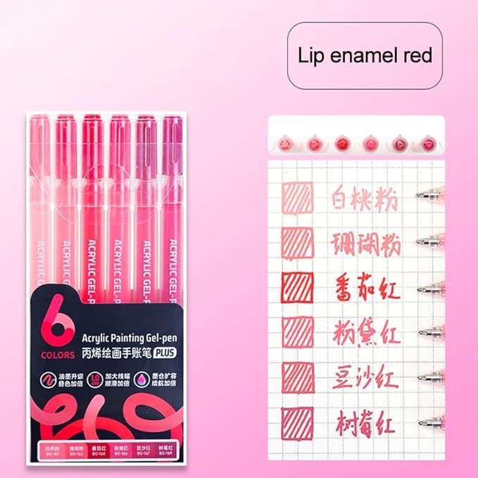 Acrylic Gel Pens for Coloring Books, Quick Dry 6 Pcs 1.0mm Fine Point Gel Marker Pen for Drawing, Journaling Art, Lip Gloss Red