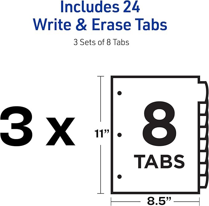 Avery Write & Erase 8 Tabs Pastel Plastic Divider for 3 Ring Binders, 3 Sets (8 Colors)