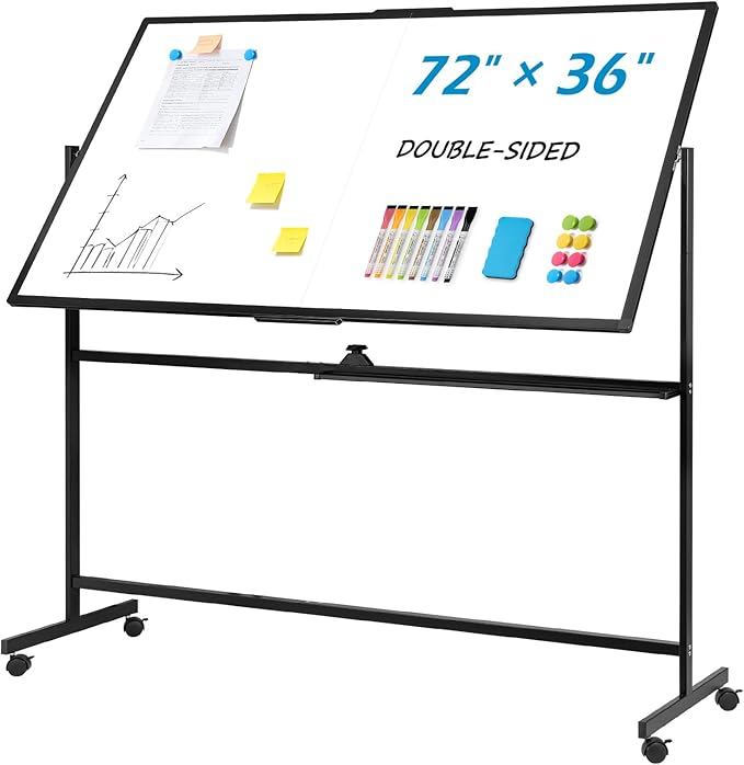 Large Rolling Whiteboard with Stand, 72" x 36" Double-Sided Mobile White Board Dry Erase, Giant Magnetic Dry Erase Board on Wheels for Office, Home & School,Black Frame