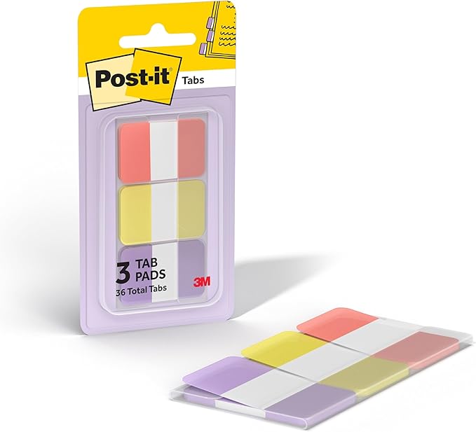 Post-it Sticky Tabs, 1 in. x 1.5 in., 3 Pads of Book Tabs in Assorted Warm Pastel Colors for Bookmarking, Annotating, Reading, and Reminders, Orange, Yellow, and Purple Colors (36 Total Count)