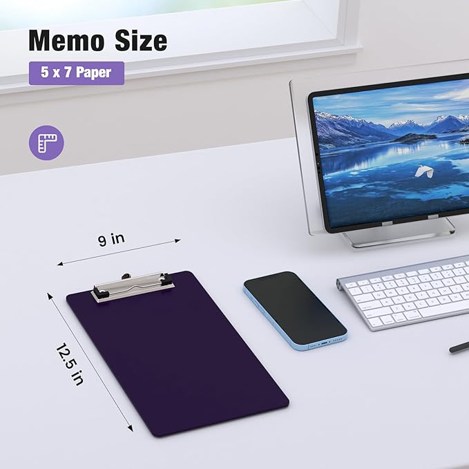 Small Clipboards, A5 Plastic Mini Purple Clip Board for Classroom, Students, Kid, Size 6" x 9" with Low Profile Clip, Office & School Supply