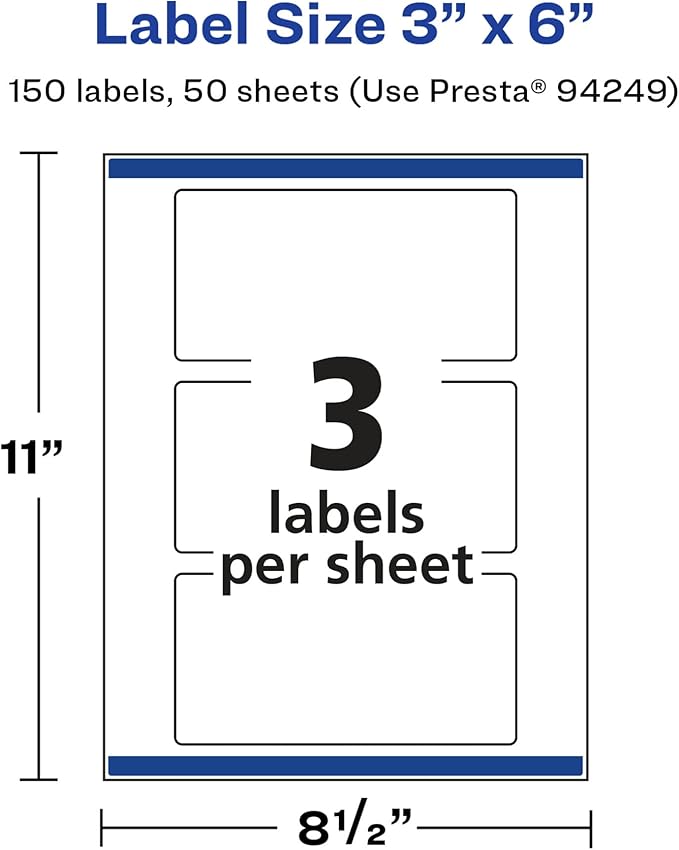 Avery Glossy White Rectangle Labels, Sure Feed Technology, 3" x 6", 150 Glossy White Labels, Print-to-The-Edge, Permanent Adhesive, Laser/Inkjet Printable