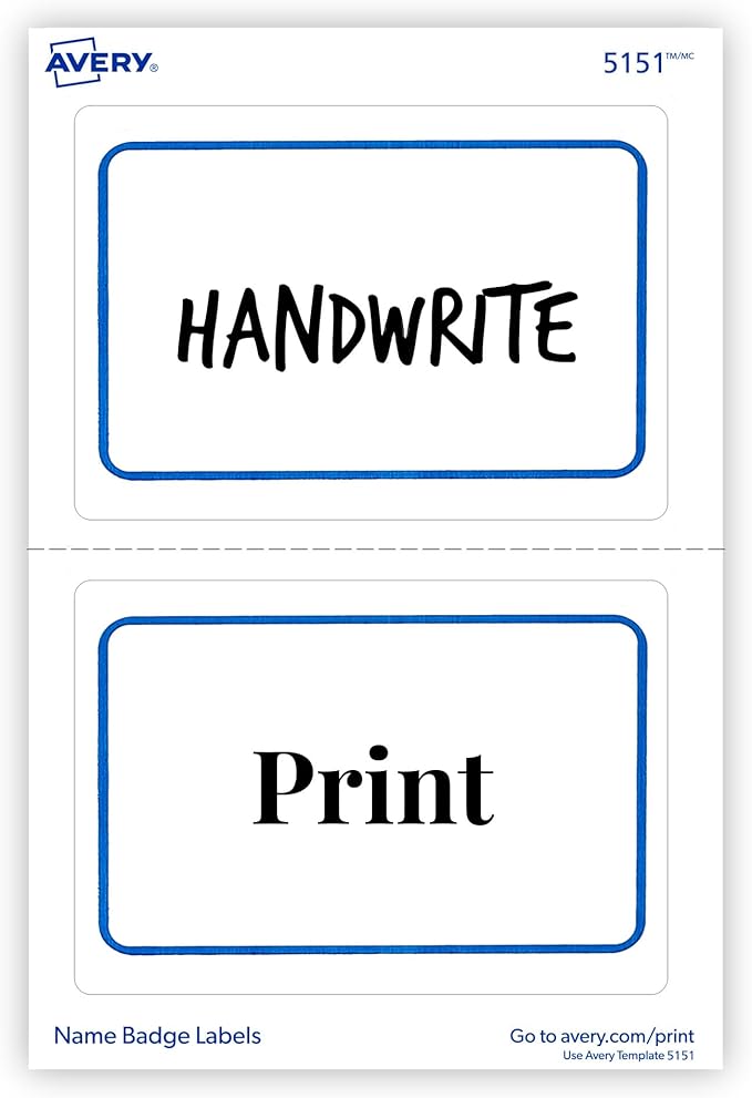Avery Flexible Printable Name Tags, 2-1/3" x 3-3/8", White with Blue Border, 40 Removable Name Badges (05151)