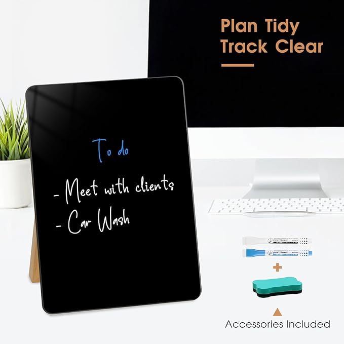 Desktop Black Glass Dry Erase Board, Small Glass Whiteboard with Adjustable Wood Stand - Reusable Desk Notepad 9.5" x 6.7" for Home Office