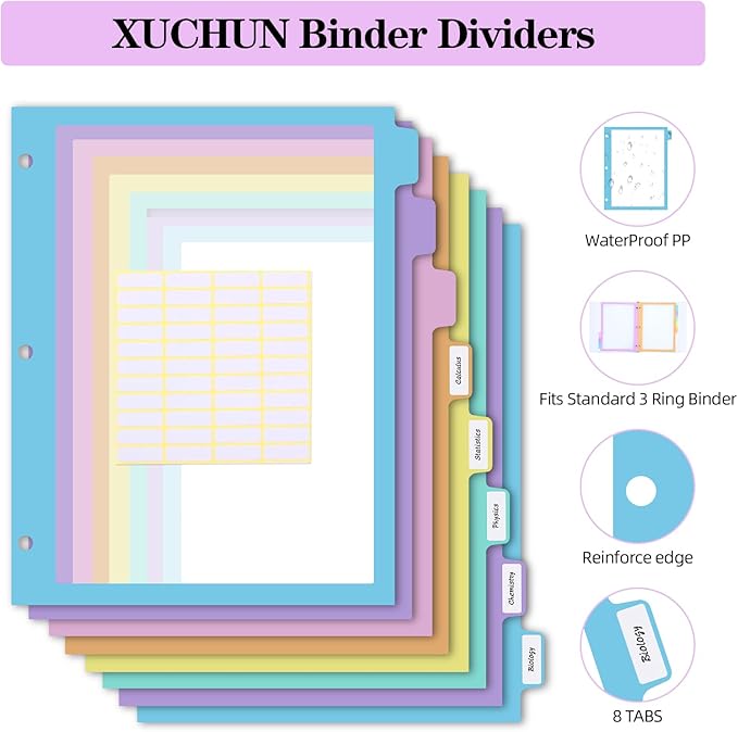 16Pcs/2 Set 8 Tab Dividers, Clear Plastic Binder Dividers with Tabs, for 3 Ring Binder, Letter Size, Multicolor