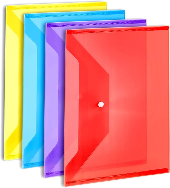 LEOBRO Plastic File Folders for Documents, 4 PCS File Folders, A4 Size Plastic Envelopes with Snap Closure, Clear Envelopes Pouches Folder Organizer Document Holder, Filing Envelopes