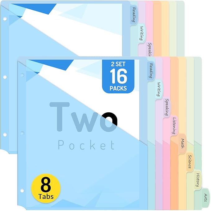 Forvencer 16 Count Dividers with Two Pockets, 8 tab Binder Dividers for 3 Ring Binder Organizer, Binder Divider with Tabs for School Office and Home, 2 Sets