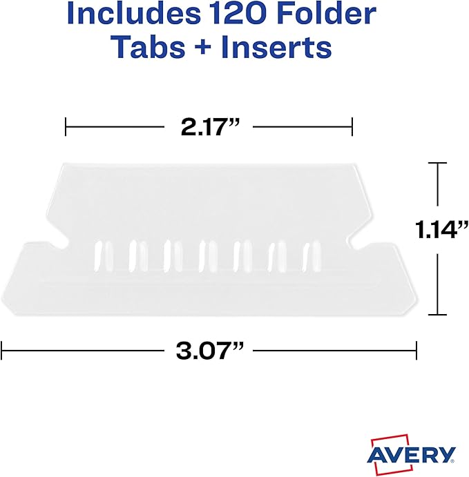 Avery Hanging File Folder Tabs and Inserts, 1/5 Cut, Clear, 20 File Folder Tabs and Inserts Total (06727)