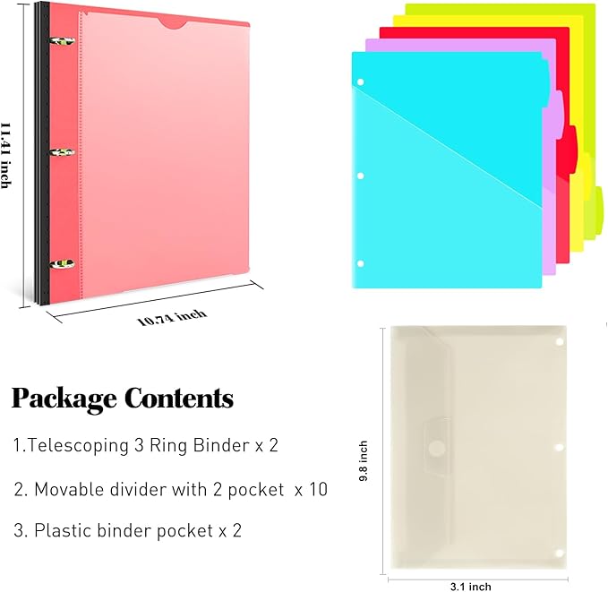INFUN 1 Inch Telescoping Project Organizer Binder-2PCS,13 Pocket, Customizable Front Cover, 5 Colors Pocket Divider and Plastic Binder Pocket，225 Sheet Capacity-Red