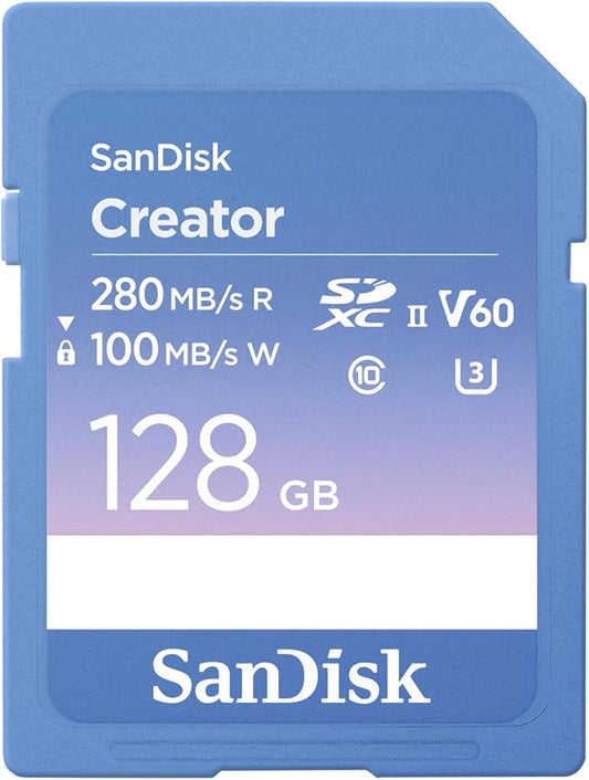 SanDisk 128GB Creator SD UHS-II Card, Read speeds up to 280MB/s, for DSLR and Mirrorless Cameras, 4K UHD, 6K Video, V60, 1 Month of Adobe Creative Cloud Included - SDSDXEP-128G-GNCIS