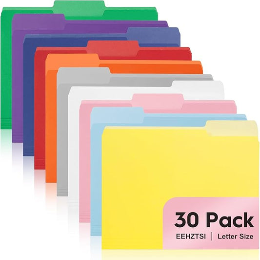 30-Pack Color File Folders, 1/3 Cut Tab, Assorted 10 Colors Letter Size Manilla Folder for School/Office/Classroom