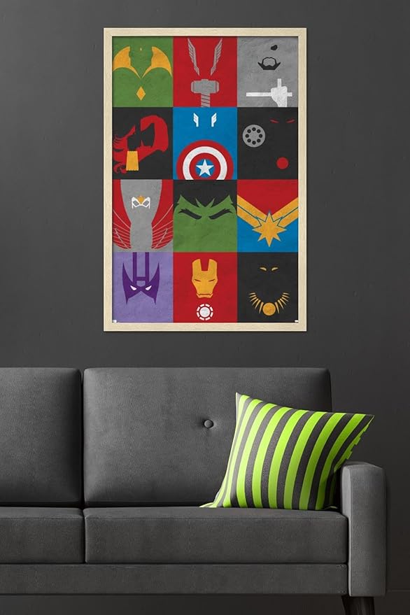 Marvel Comics Avengers - Minimalist Grid Wall Poster, 34L" x 22.4W", Blonde Framed Version
