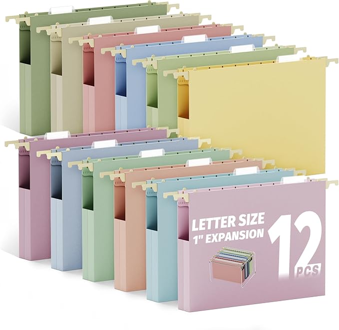 Ansook Hanging File Folders Letter Size Extra Capacity,Heavy Duty 1'' Exandable File Folders Hanging with Tabs,12 Pack Pastel Plastic Filing Cabinet Folders,Desk Hang File Organizer for Office Home