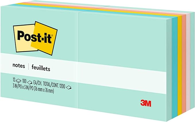 Post-it Notes, 3 in x 3 in, 12 Sticky Note Pads, 100 Sheets per Pad, Beachside Café Collection, School Supplies and Office Products