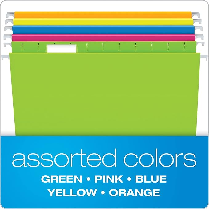 Pendaflex Neon Hanging File Folders, Letter Size, 1/5 Cut Tabs, Assorted Colors, 25-Pack - Green, Pink, Blue, Yellow, Orange (81672)