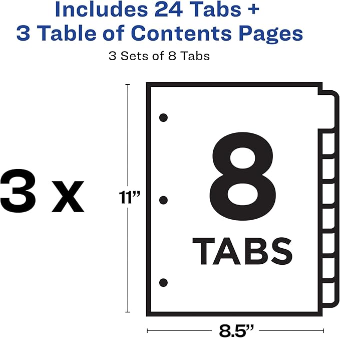 Avery Dividers for 3 Ring Binders, 8 Tabs per Set, Customizable Table of Contents, Multicolor Tabs, Great for Organizing Reports, Projects, and More (3 Sets of 11071)