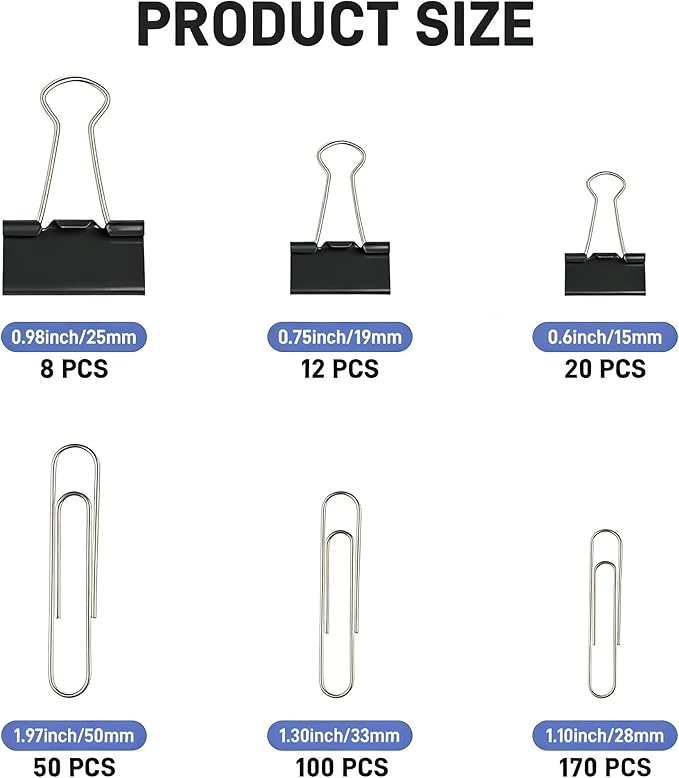 360PCS Black Assorted Size Paper Clips and Binder Clips, Paperclips Large Medium Small, Binder Clip and Paper Clip Set for Home, School, and Office Supplies in a Container with Compartments