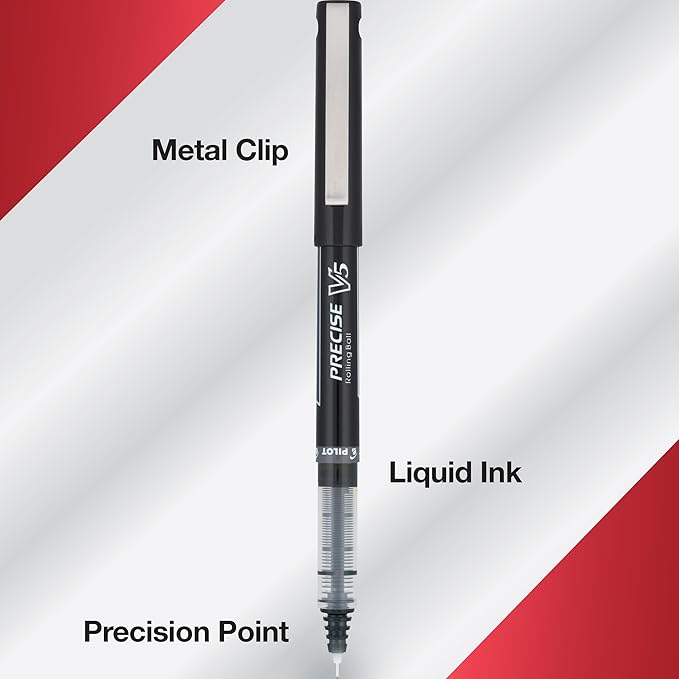 Pilot Precise V5 Rollerball Pens, Extra Fine Point 0.5 mm Black Pens, Black, Pack of 5 - Ideal for School, Journaling & Office Writing