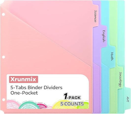 【5 Tabs Dividers with Pockets for 3 Ring Binder, 5 Count Binder Dividers for US Letter Size, Tabbed Dividers for School, Office, and Home Organization, 5 Pastel Colors (1)】