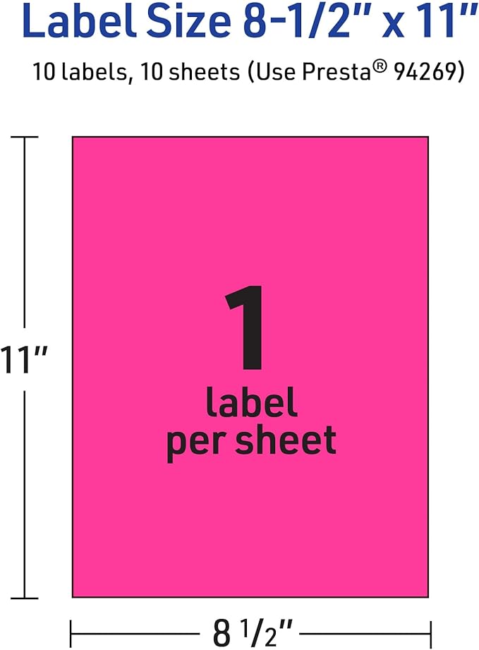 Avery Printable Sticker Paper, 8-1/2" x 11", Full-Sheet Labels, Neon Magenta Labels, Laser/Inkjet Printable, 10 Total, Great for Packaging and Stickers