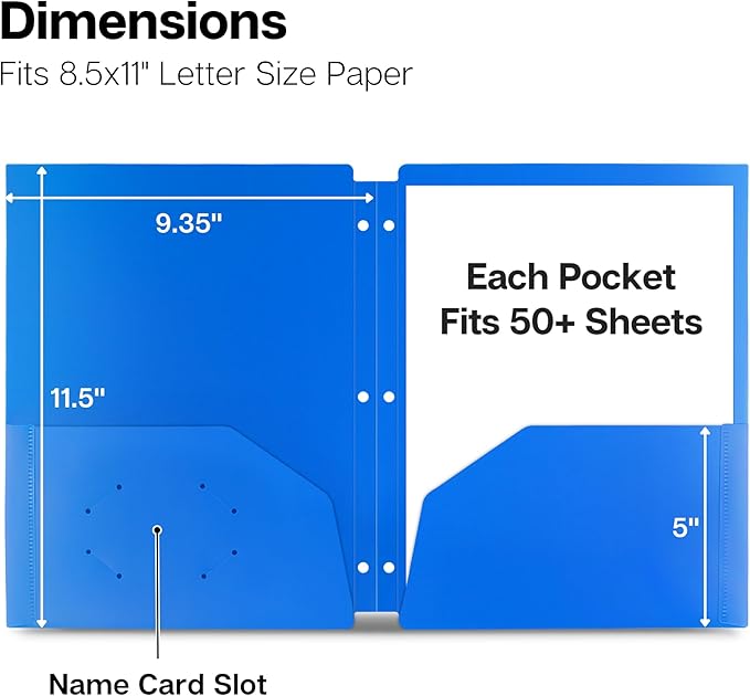 Dunwell Plastic 2-Pocket Folders for 3-Ring Binders, (6 Pack, Assorted Colors) 3 Hole Punched, Divider Folder for Notebook, Durable Poly, Fits 8.5x11 Sheets, Includes Labels