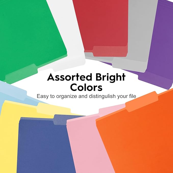100-Pack Color File Folders, 1/3 Cut Tab, Assorted 10 Colors Letter Size Manilla Folder for School/Office/Classroom