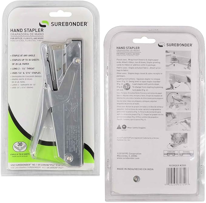 Surbonder Heavy Duty Plier Hand Stapler, Staple up to 30 Sheets of Paper for Office, School, and Home, Uses Surebonder #1 and Arrow P22 Staples
