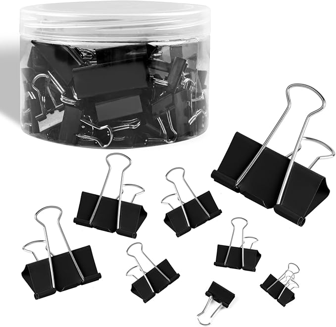 125Pcs Binder Clips Colored, Binder Clips Assorted Sizes, 6 Sizes Binder Paper Clips for Office Supplies/Home/School (Black)