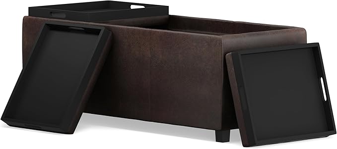 SIMPLIHOME Avalon Storage Ottoman - 42 inch Wide Upholstered Vegan Leather Rectangular Flip-Top Ottoman in Distressed Brown, Contemporary Coffee Table Ottoman for Living Room with Hidden Storage
