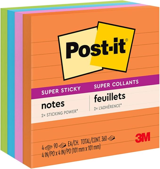 Post-it Super Sticky Lined Notes, 4 Sticky Note Pads, 4 x 4 in., Ideal for Organization in Your Dorm, Home or Office, Energy Boost Collection
