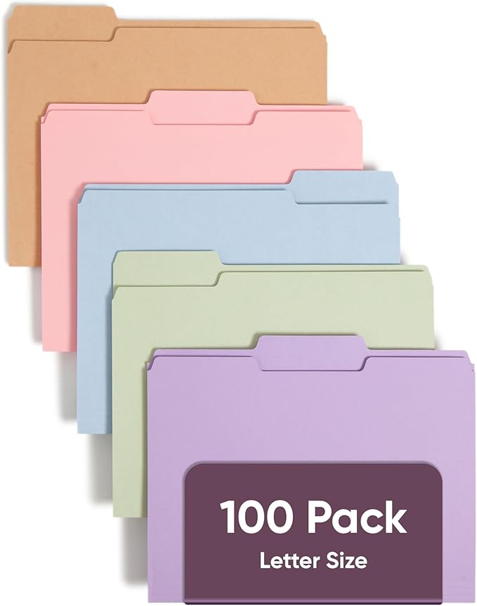 Smead Standard File Folders, 100 Count, Assorted Pastel Colors, 1/3-Cut Tabs, Letter Size (11953)