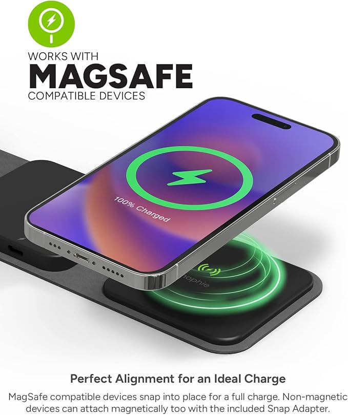 mophie Wireless 3 in 1 Travel Magnetic Wireless Charging Station, Multiple Devices, Compatible with Apple iPhones, Google, Samsung Devices, AirPods, BYO Watch Charger. (Watch Charger not Included)